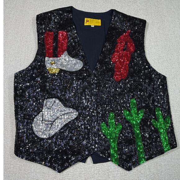 Vintage JC Women's XXL Black Handmade Sequin Cowboy Button Front Western Vest - Picture 1 of 8